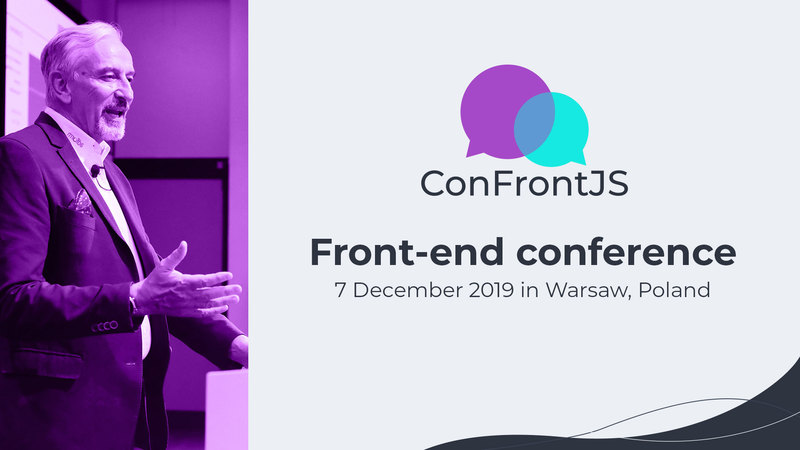 Grafika zawierająca zdjęcie z\n      prelegentem z konferencji oraz tekstem Front-End conference oraz logo konferencji