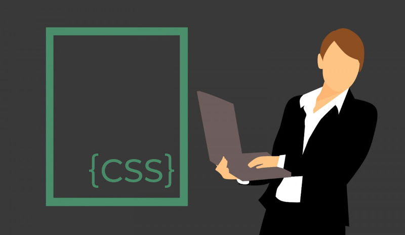 Grafika wektorowa przedstawiająca osobę z laptopem i tekst\n      CSS w klamerkach